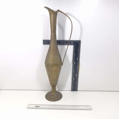 Vintage Brass Etched Ewer Pitcher Jug Tall Slim Handled 