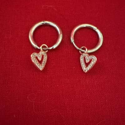 Pandora 925 Silver Freehand Hoop Earrings featuring a 14K Rose Good Plated Heart Charms Accented with Clear Cubic Zirconia 