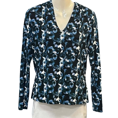 David Lawrence Womens  Size 8 / S Floral Top / Long Sleeve Top / V-Neck Top Blue / Floral / Navy Blue 