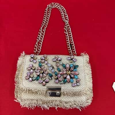 Zara Women's Embellished Straw Shoulder Bag with Lock Clasp 