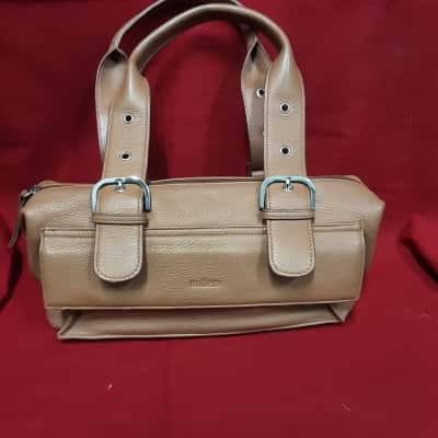 Mellini mid-size barrel Style wide strap tan beige Italian leather handbag