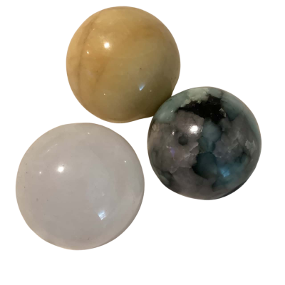 3 small crystal spheres, yellow white greenish-purple