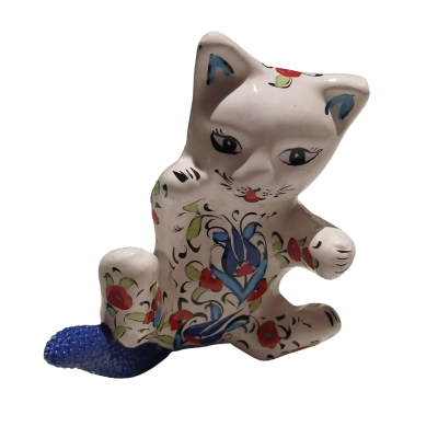 Turkish Ceramic Cat with Blue Tail