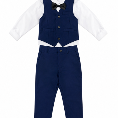 YuanLu Boys Navy Blue Formal Suit Set with Shirt & Bow Tie – Size 4Y