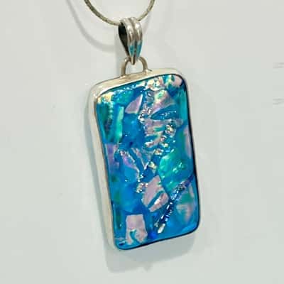925 Diochroic Aqua Blue Large Rectangle Pendant Silver Necklace 
