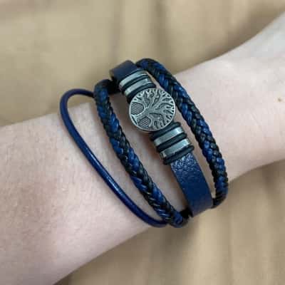  Womens Blue Leather Tree of Life Bracelet 