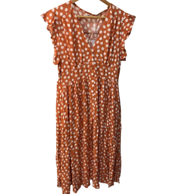 BNWT  Vine Apparel Womens Dress Size L Orange / Polka Dot / White 