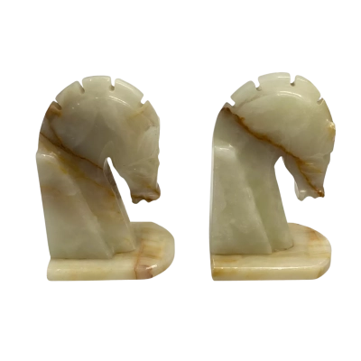 Vintage Banded Calcite or Onyx Horse Head Bookends
