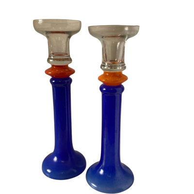 Vintage 9.5 cm candle holders x 2  - Blue/ Orange colour