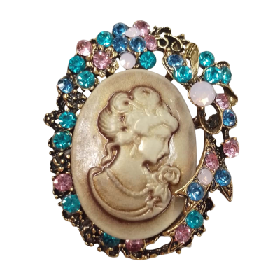  Women's Cameo-style Brooch with Blue and Pink Stones