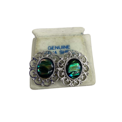 Vintage Womens Earrings Silver Tone Paua Shell Studs 