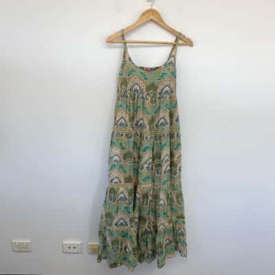 Kitsch & Pop Beige Blue Embellished Floral Maxi Dress Size S 