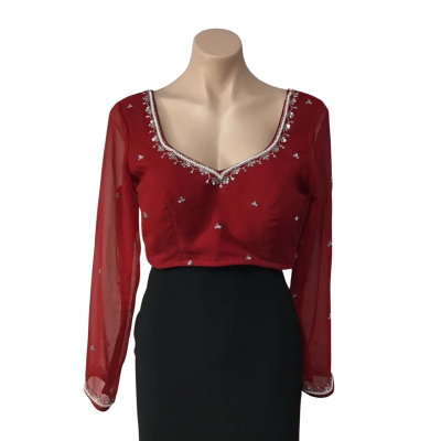  Womens approx Size M Red Embellished Georgette Long Sleeve Saree Top