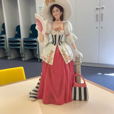 Lady in Pink and White dress with Sun Hat Ceramic Figurine
