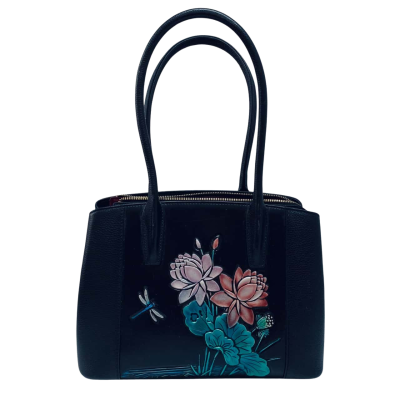 Vintage Serenade Black Leather Handbag with Floral & Dragonfly Appliqué