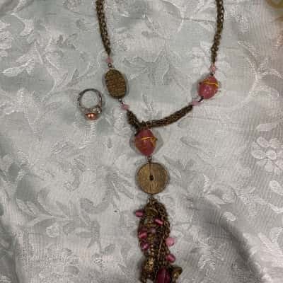 Gold pink bead necklace with pearl ring