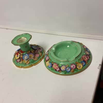 Vintage Tuscan china candlestick and matching ashtray