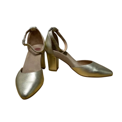 Bared footwear gold ankle strap pointed heel pumps