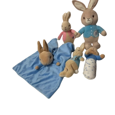 Assorted Peter rabbit stuffed toys 