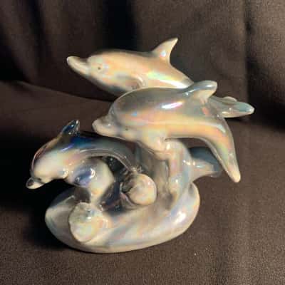 Vintage Rainbow Iridescent Dolphin Trio Figurine