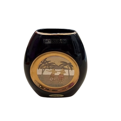 Chokin Art Vase 24k Gold Edged Japanese HAWAII Palm Trees Hula Dancers 4.5” Ht