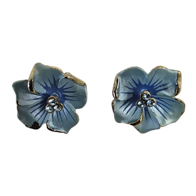   Womens Earrings Gold Plate with Pale Blue Enamel and Crystal Centers Clip ons 