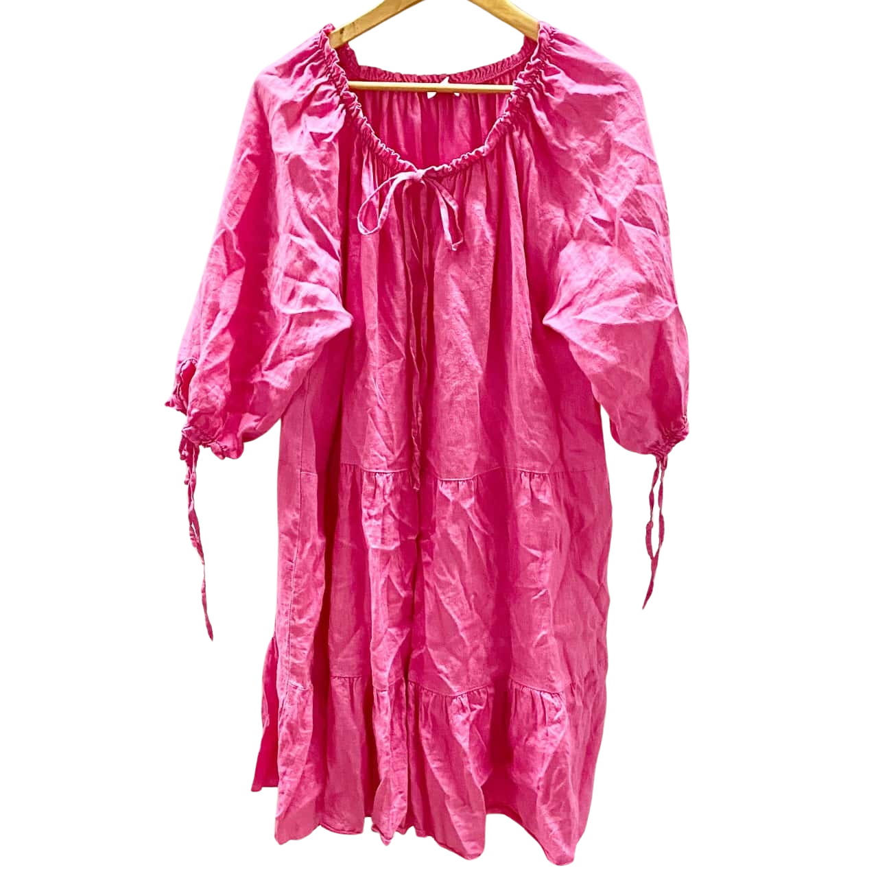 Bellambra Size L Linen Short Sleeve Dress Hot Pink (s)