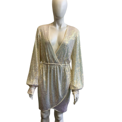 BNWT Pretty Little Thing Women's Size 14 Silver Sequin Long Sleeve Plunge Wrap Bodycon Dress 