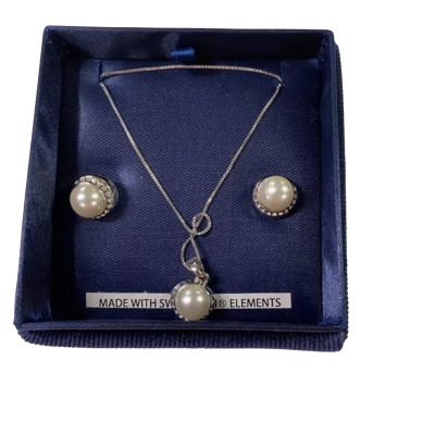 Silver tone 2pc Set Faux Pearl + Swarovski Crystals 