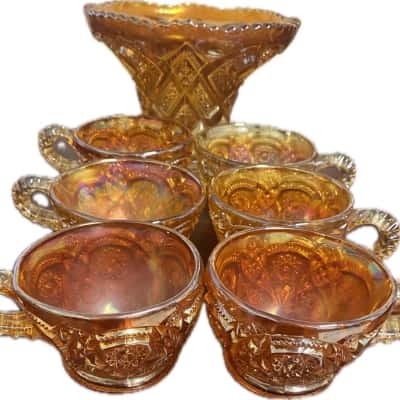1920's Glass Marigold Carinival Glass Punch Bowl Set 