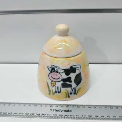 Hand-Painted Folk Art Lidded Ceramic Pot - Signed 'Therese' (Cow & Sheep Motif) PreOwned