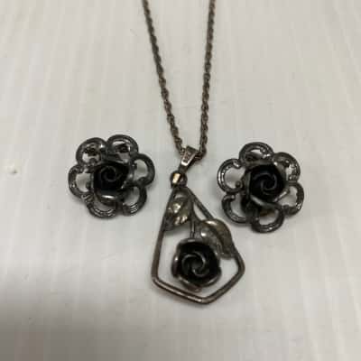 Theodore Klotz Teka Germany Sterling Silver Rose Pendant & Earrings #VintageJewellery #SterlingSilver