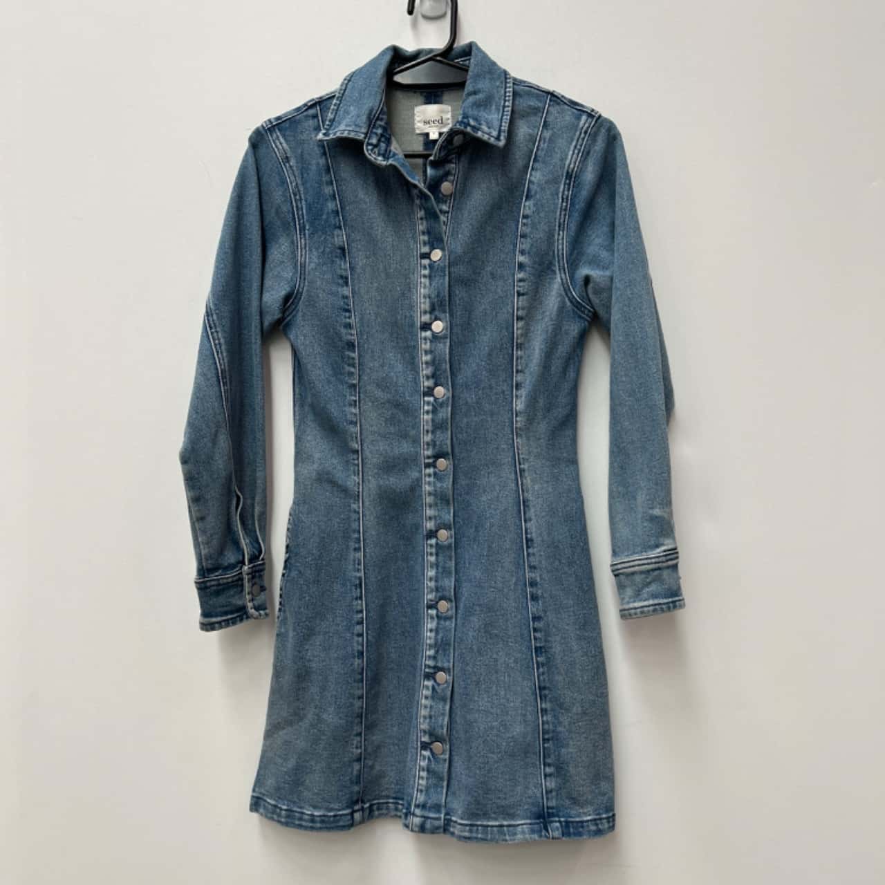 white christmas dresses Zara Women's Green Denim Button Down Raw Hem Long Sleeve Shirt Jacket – Brie main image 0