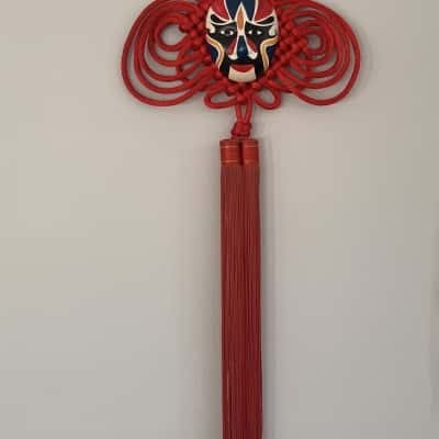 Red Chinese Knot and Tassel Wall Hanging with Chinese Peking Opera Mask
