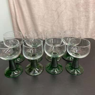 Vintage French Luminarc Green Ribbed Stem Wine Glasses