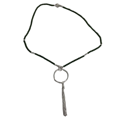 Forest Green Beaded Necklace with Silver Tassel Pendant