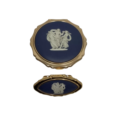 Vintage Stratton England Blue Dancing Maids Gold Tone Compact Mirror + Lipstick Holder