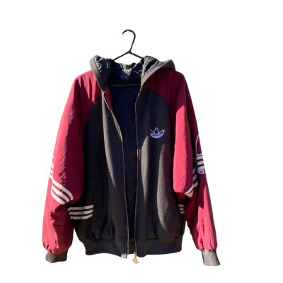 Mens Adidas Size XL Hood Jacket Dark Grey / Maroon / Striped / White 