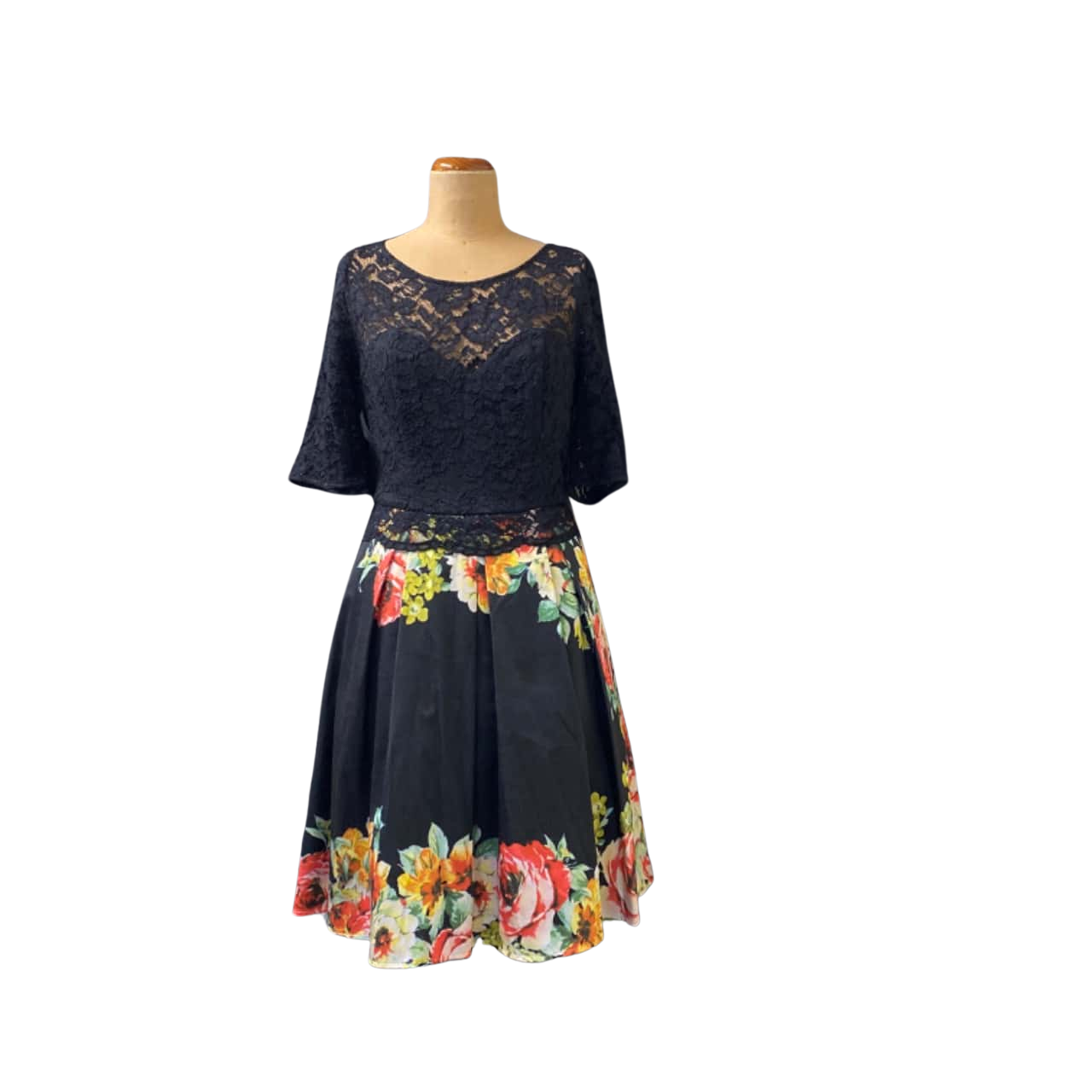 Review Womens Floral Border Print Dress With Guipure Lace Bodice Size 14(s)