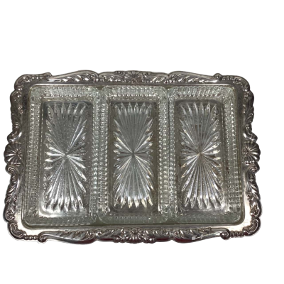 Vintage Oneida Silverplate Chippendale Relish tray with crystal liners