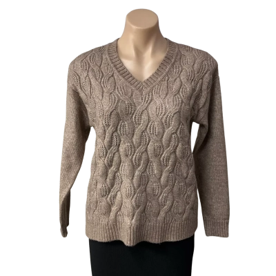 Suzannegrae Womens Size XXS Brown Cable Pattern V-Neck Jumper