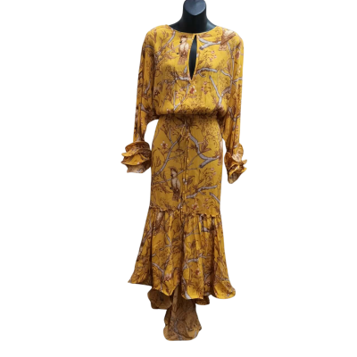 New With Tags Johanna Ortiz x H&M Size XL Yellow Parrot Bird Print Floral Blouson Boho Maxi Dress