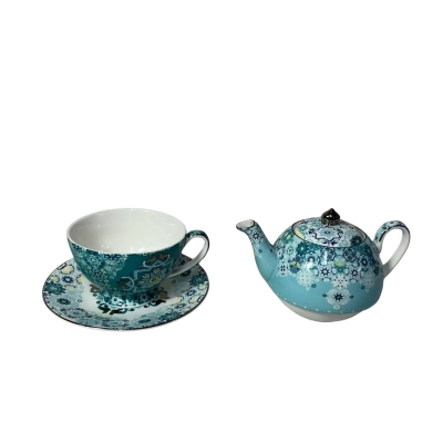 T2 Blue / White / Yellow Pattern Bone China Tea For One Set with Infuser