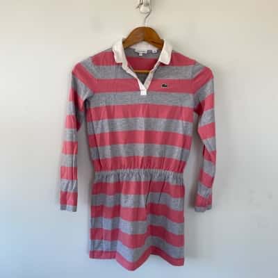 Lacoste Kids Pink Grey Striped Long Sleeve Dress Size 12 
