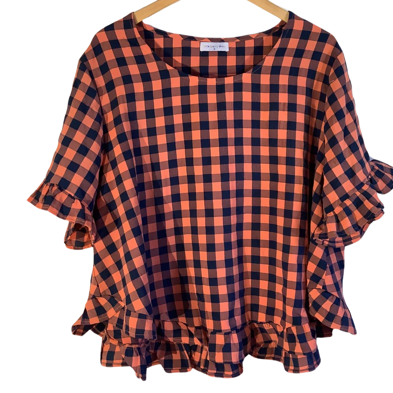 Little Party Dress Top, Orange and Navy Gingham Check. Size 12 (s)