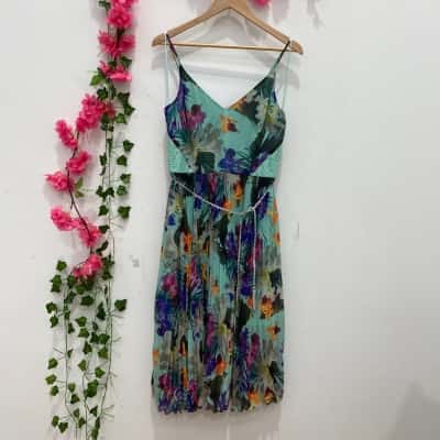 Oasis Womens Shoestring Strap Pleated Dress Size 12 Floral / Teal 