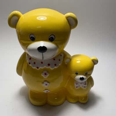 Vtg. 1980s Yellow Ceramic Piggy Bank Mamma & Baby Bear