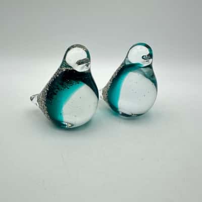 2 x Gold & Blue Art Glass Bird Paperweights