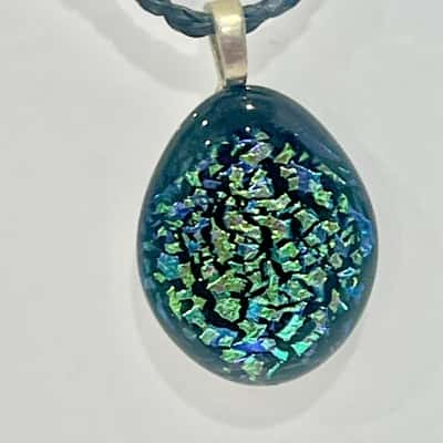 Black Leather Necklace & Diochroic Pendant- Aqua Green design 