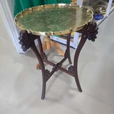 Early 20th Century Antique Solid Brass Tray Ornate Wood Chinese Engraved Table